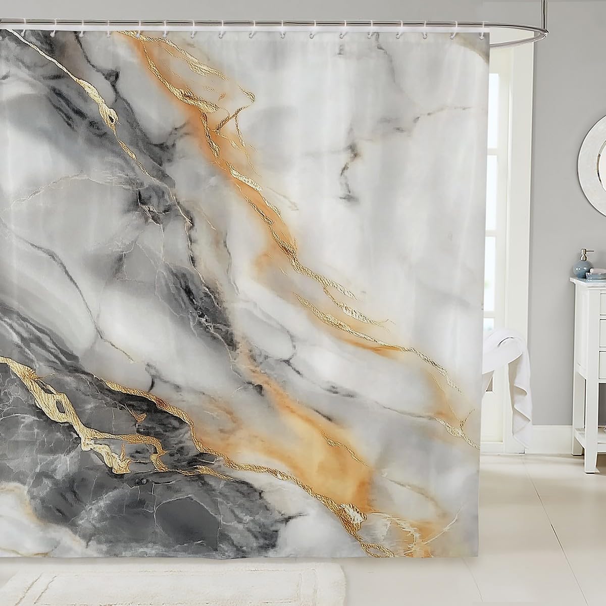 Grey Gold Shower Curtain Marble Stone Fabric Shower Curtain,Modern Abstract Artwork Bath Curtains 72" W X 84" L for Teen Girls Adults Women Watercolor Gradient Metallic Bathroom Accessories