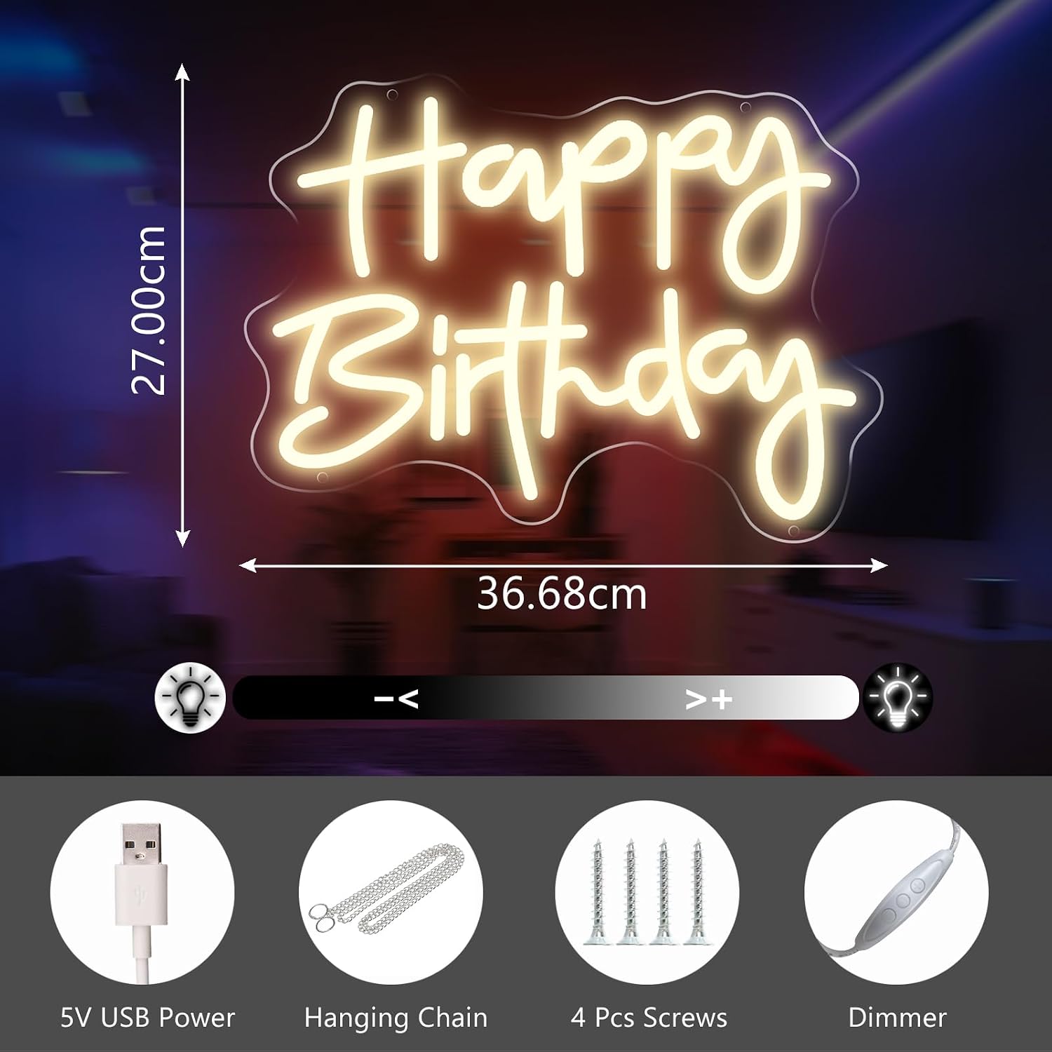 Happy Birthday Neon Sign, Warm White, USB Power