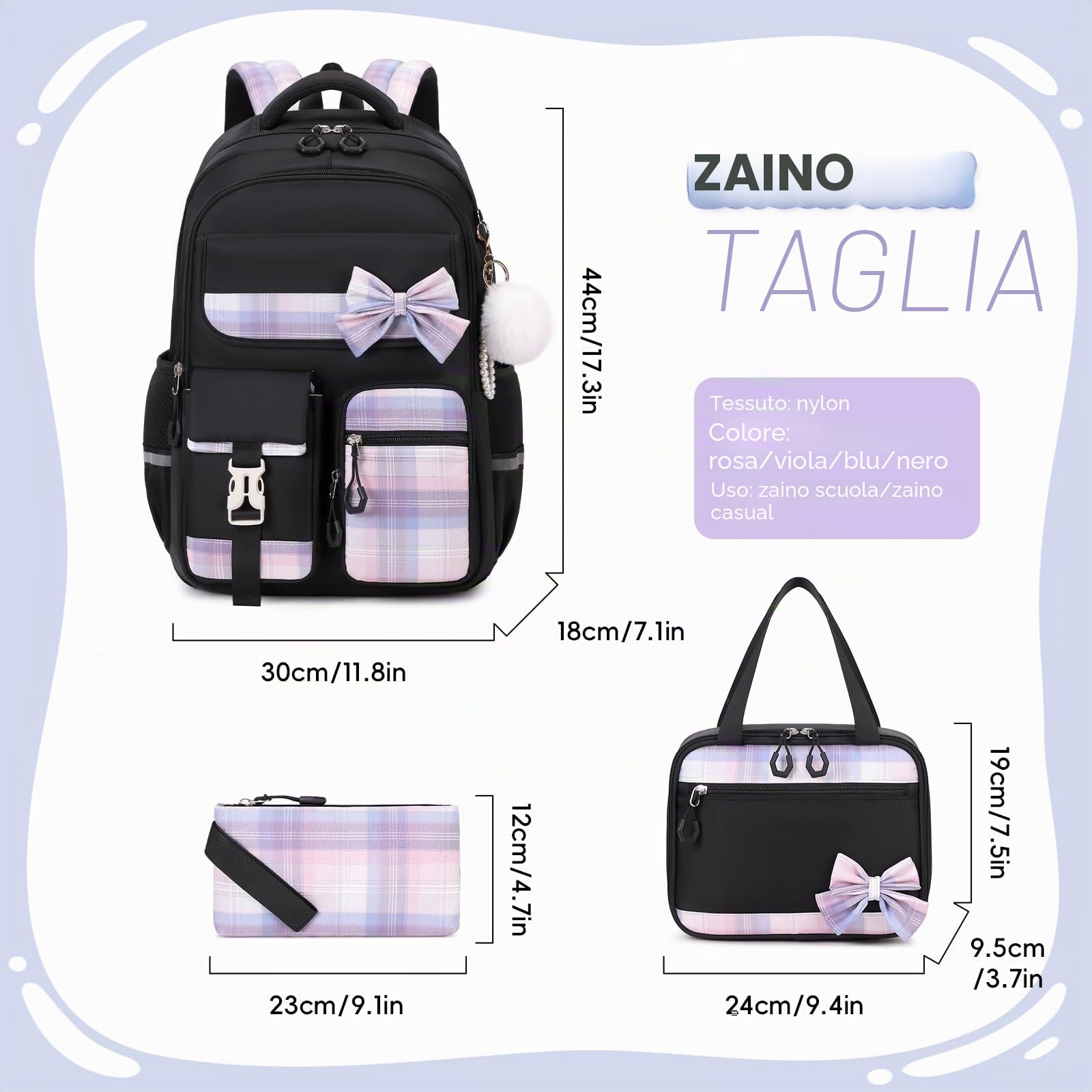 Amythe Zaino per Ragazze Delle Scuole Elementari e Medie 3 pezzi con Lunch Bag e Astuccio, Cartella Scolastica per Ragazze di 9-16 anni, Zainetto per Bambini Carino e Casual, Nero