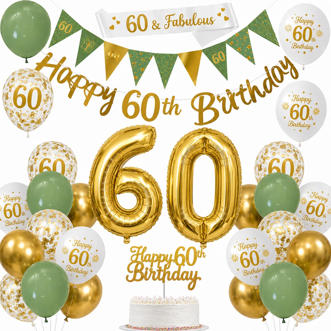 Omrel Green & Gold 60th Birthday Decoration for Women - Happy 60th Birthday Banner For Women, Triangle Flag Banner, Number 60th Birthday Balloons For Party Decorations
