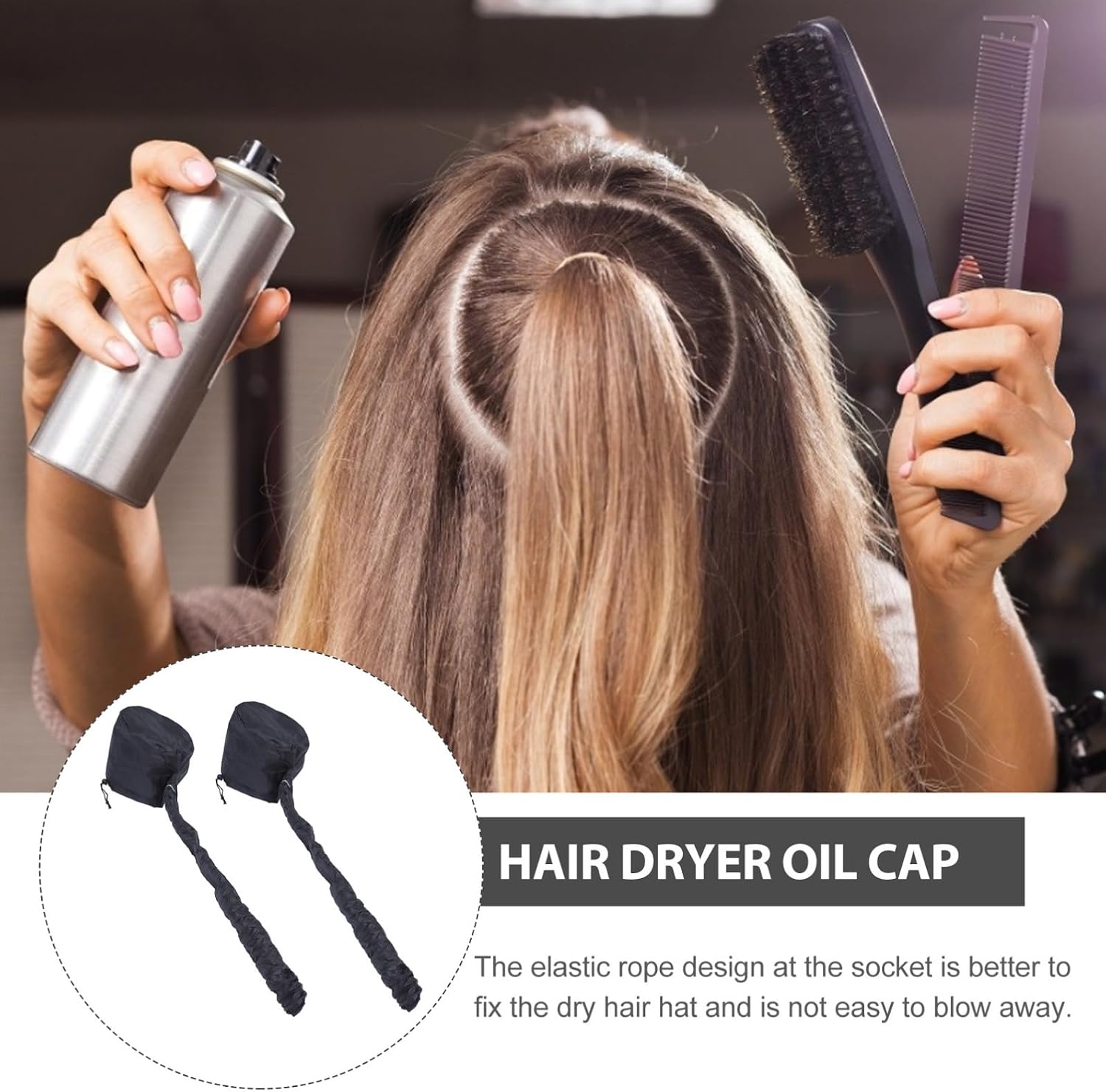 2pcs Black 190t Portable Long Tube Hair Drying Hood for Hair Treatment | Elastic Connection, Wear Resistant Build, Heat Recycling Design, Compact Home-use Styling Cap