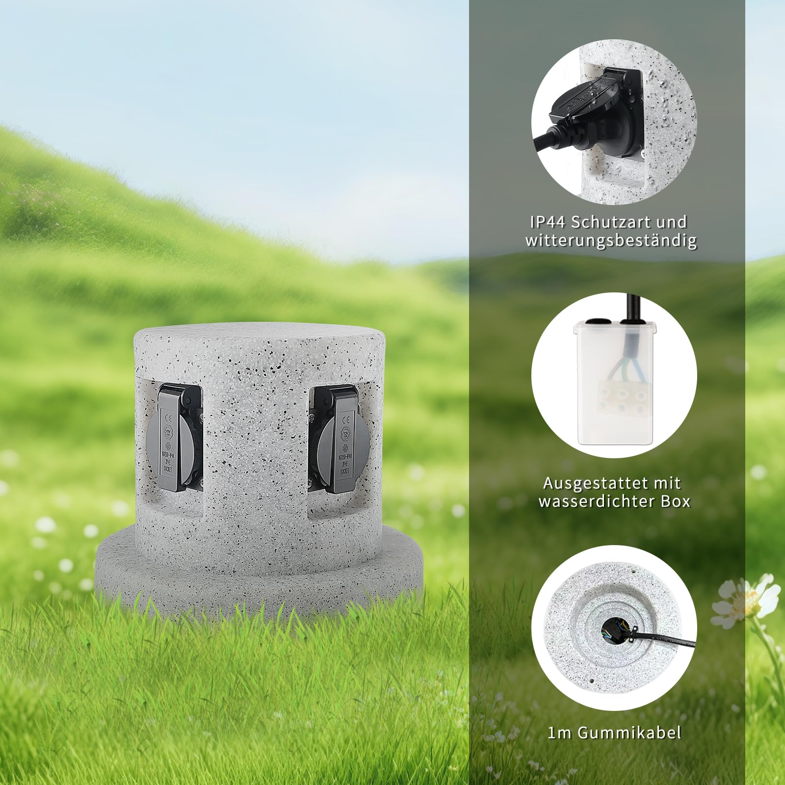 Garten Steckdosensäule Granit-Optik mit 4-Fach Steckdosen und 1m Gummikabel, IP44, Kunststoff, max.3600 Watt,Außensteckdose Garten Stein
