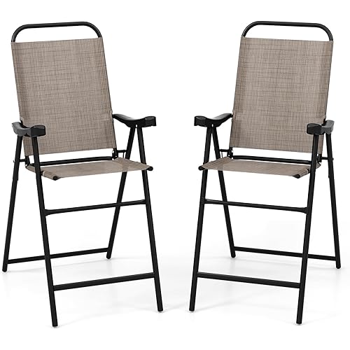 COSTWAY 2 Pieces Patio Folding Bar Chairs, High Top Patio Bar Chair with Metal Frame & Footrest, Outdoor Counter Height Chairs for Balcony, Garden & Poolside, Coffee (1, Coffee)