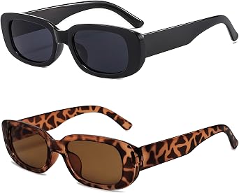 Retro Rectangle Sunglasses 2 Pack Trendy Y2K 90s Sunglasses for Women Men Vintage Glasses Square Frame UV400 Protection