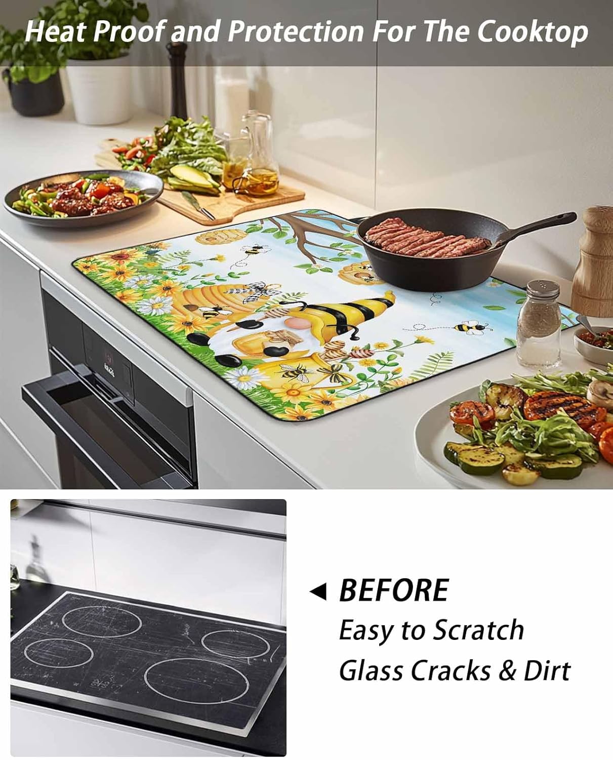 Stove Top Cover Bee Gnome Stove Cover for Electric Stove Top Sunflower Daisy Flower Honeycomb Glass Cooktop Covers Anti-Slip Mat Heat Resistant Countertop Protector Kitchen Decor 24"x21"