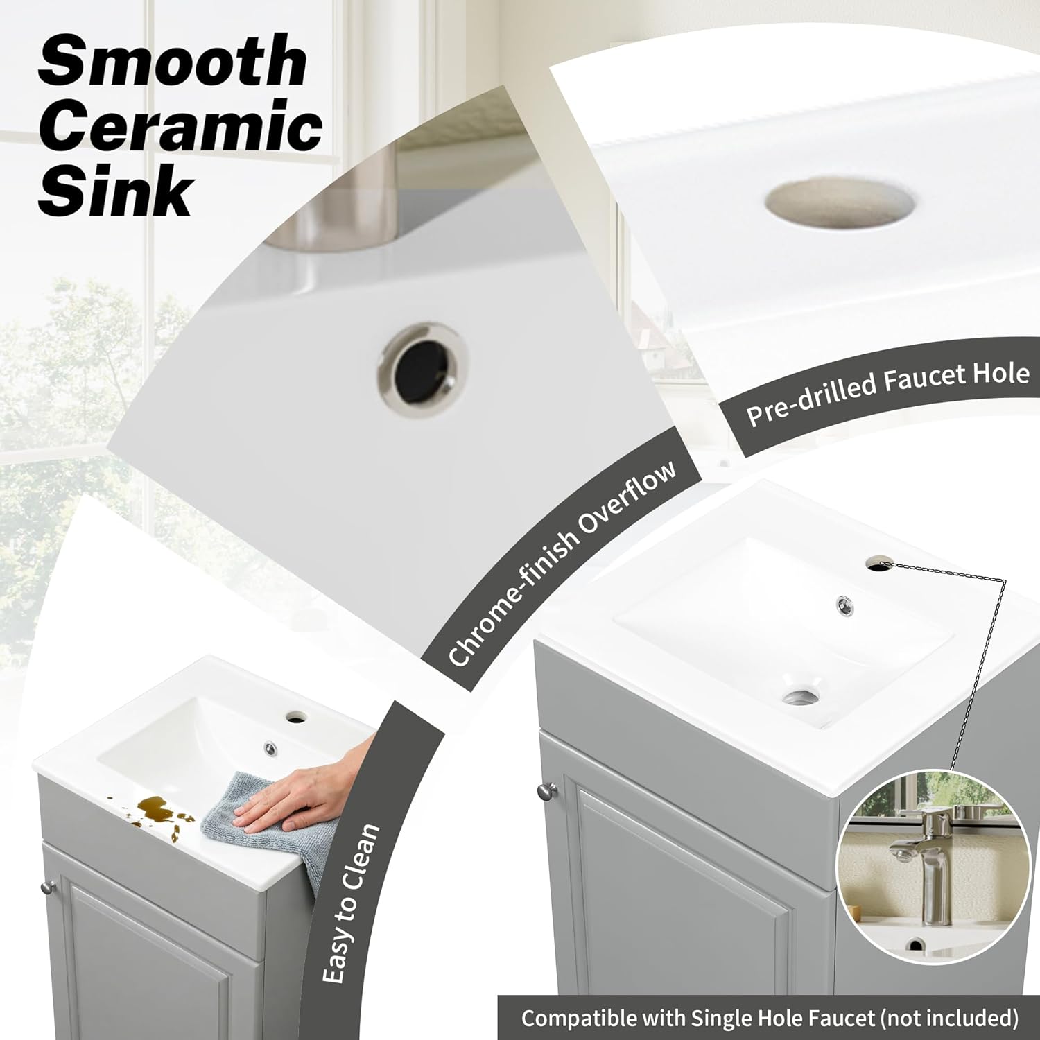 Bellemave 20" Bathroom Vanity with Ceramic Sink, Freestanding Bathroom Vanity with Single Hole, with Doors and Shelf, Grey