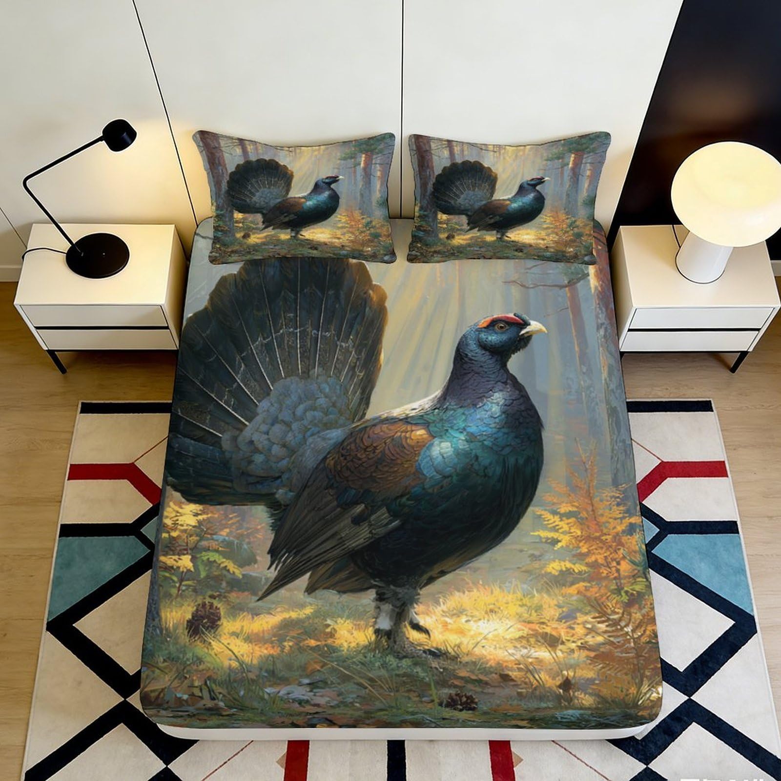 3D Printed Forest Capercaillie Fitted Sheet Microfiber Soft Non-slip Woodland Bird Mattress Cover Bedroom Decor 160x200x25cm