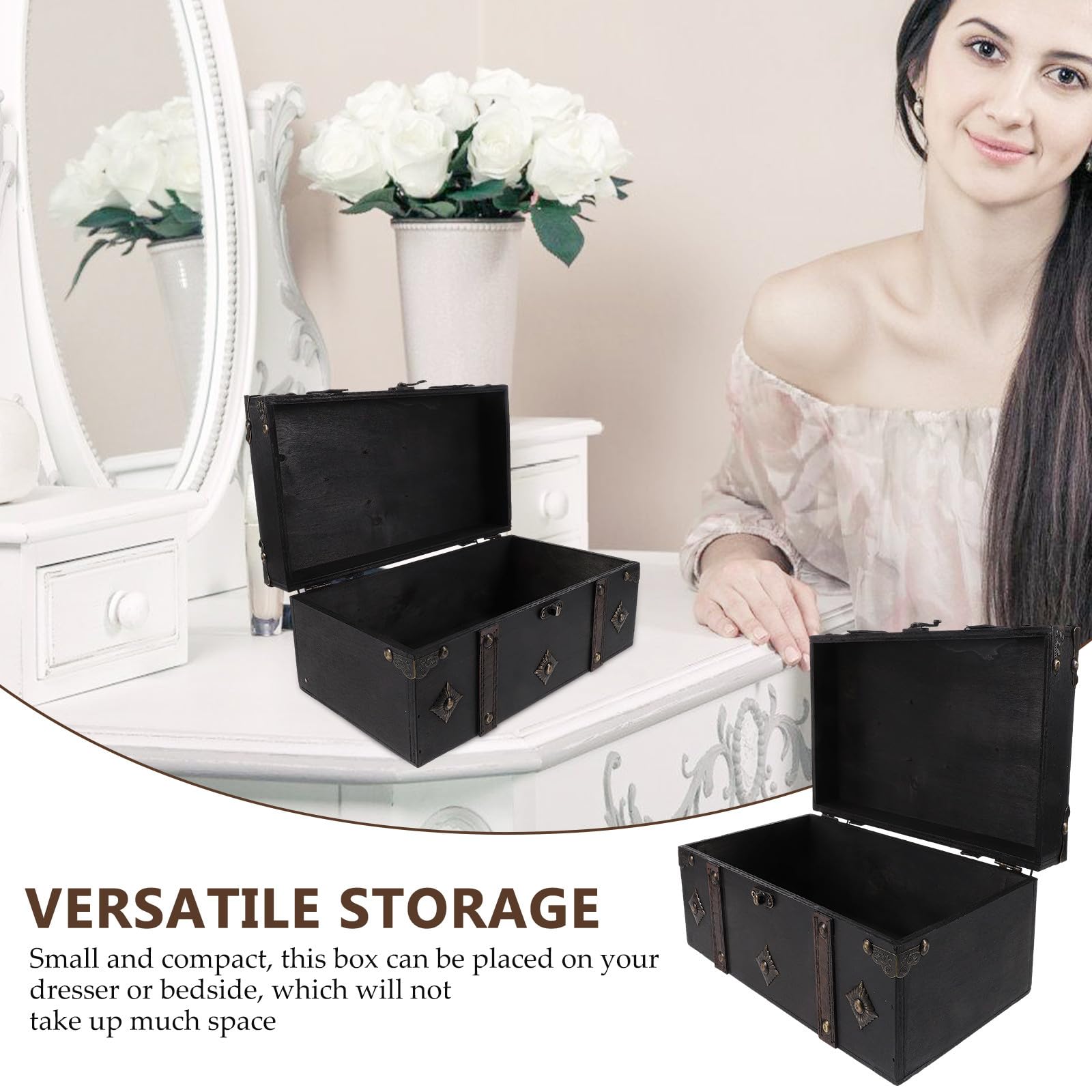 VOSAREA Vintage Holzkiste mit Schnappverschluss Retro Aufbewahrungsbox Schwarz Leicht zu Öffnen für Familienspiele und Dekoration