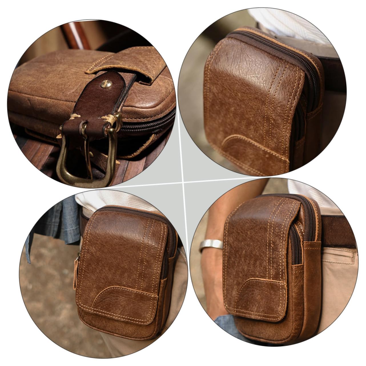 GALPADA Banane Extérieure Rétro pour Homme en Cuir Marron, 1 Pièce