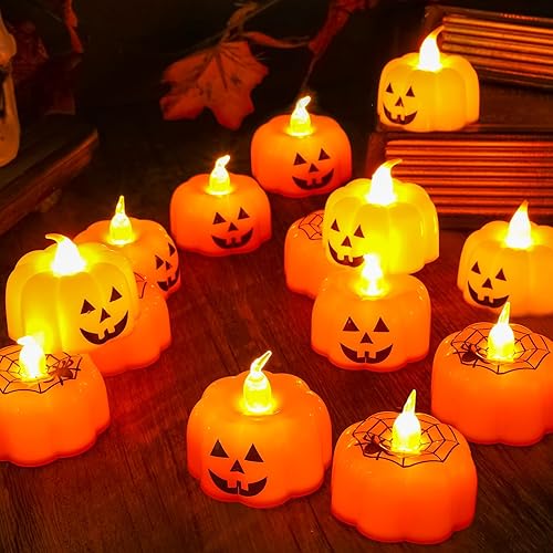 VIHOSE 12 velas de calabaza de Halloween, decoración sin llama, parpadeantes, de calabaza, luces de té de calabaza Jack O Lantern, funciona con