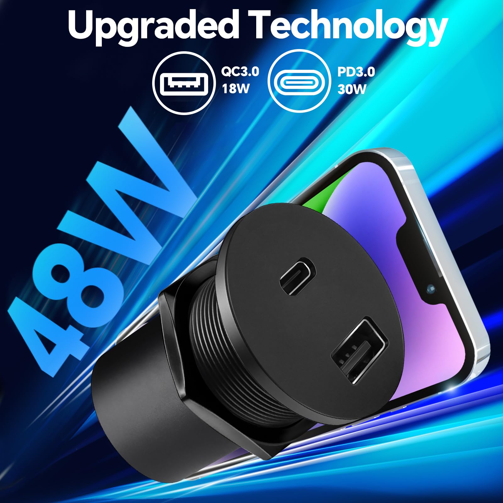 Acegoo 12V USB Outlet 30W PD Type-C & 18W QC3.0 Aluminum USB Charger Socket Dual Port Fast Charging Recessed Mount Replacement Car Charger Accessories for RV Camper Trailer Truck Boat Golf (2Pcs)