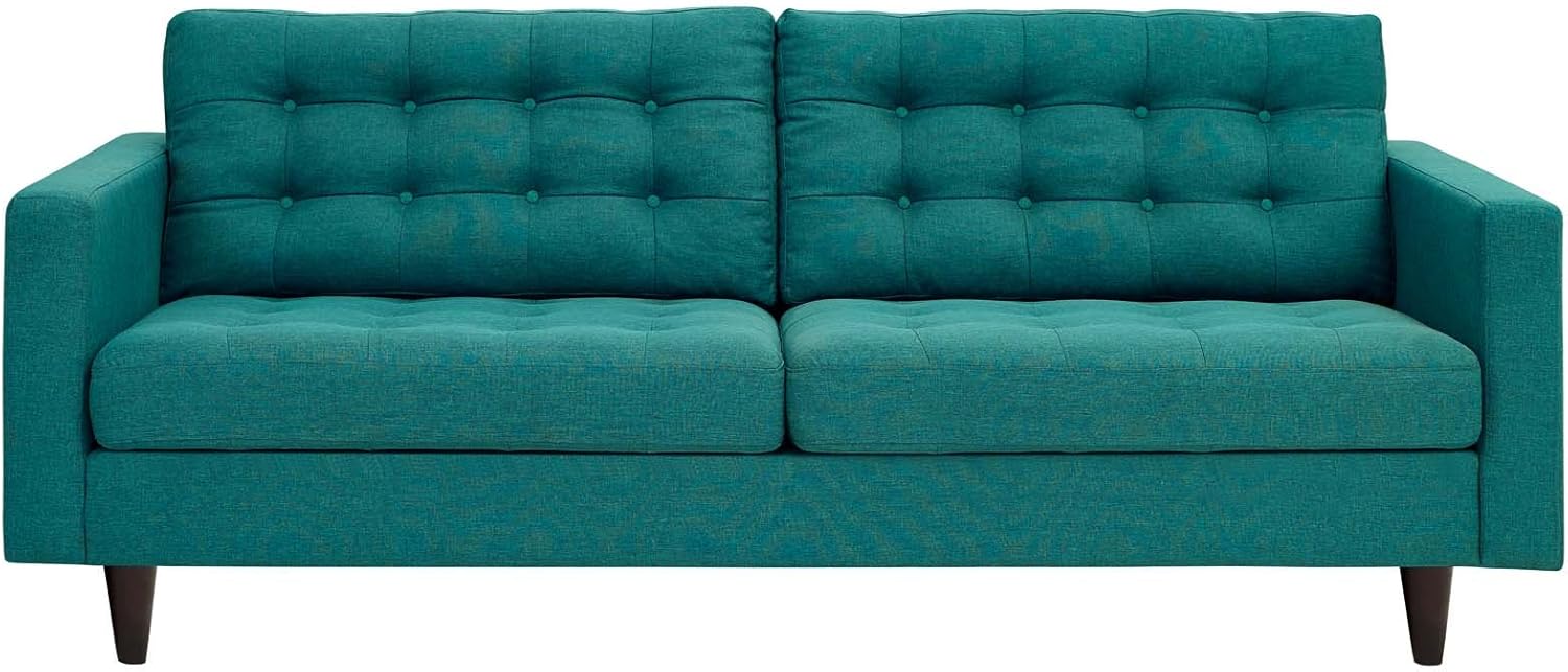 Teal Tufted Fabric Sofa with Solid Wood Legs
