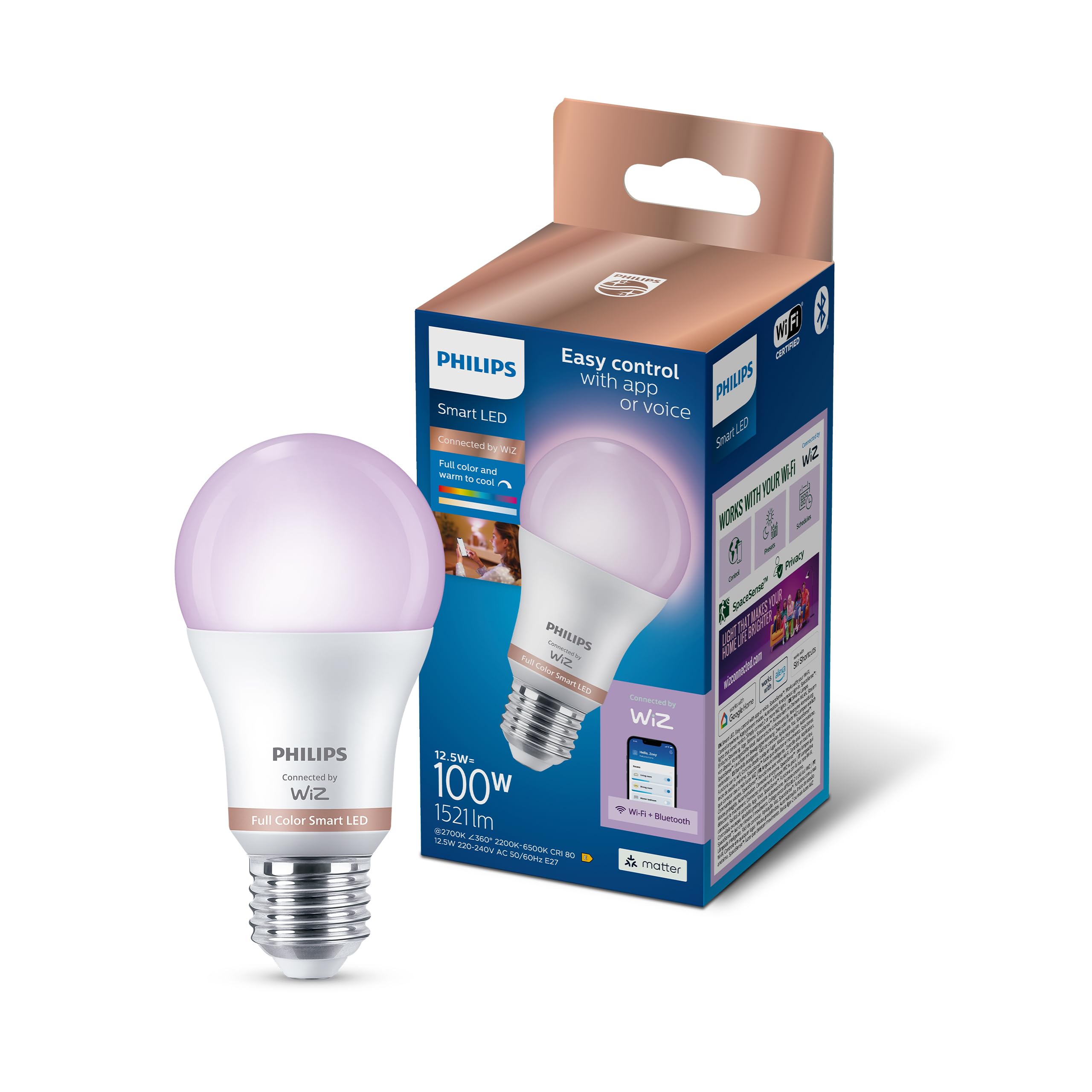 Philips Smart Lighting, Smart LED RGB A60 Bulb, E27 Base, 1521 lm, Color and Tunable White Light 2200-6500 K, Low Dimming, Connected by WiZ, Alexa, Google Home, Apple Home