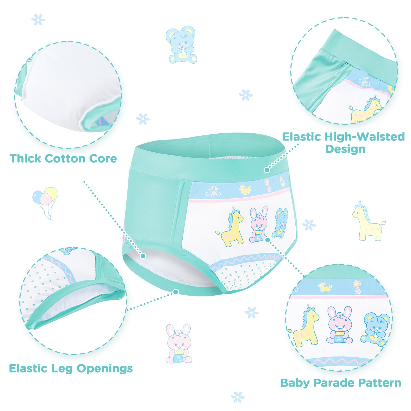 LittleForBig Mutandine di apprendimento a vita alta per adulti, morbide e setose, lavabili, riutilizzabili, impermeabili, comfort assoluto – motivo Baby Parade M