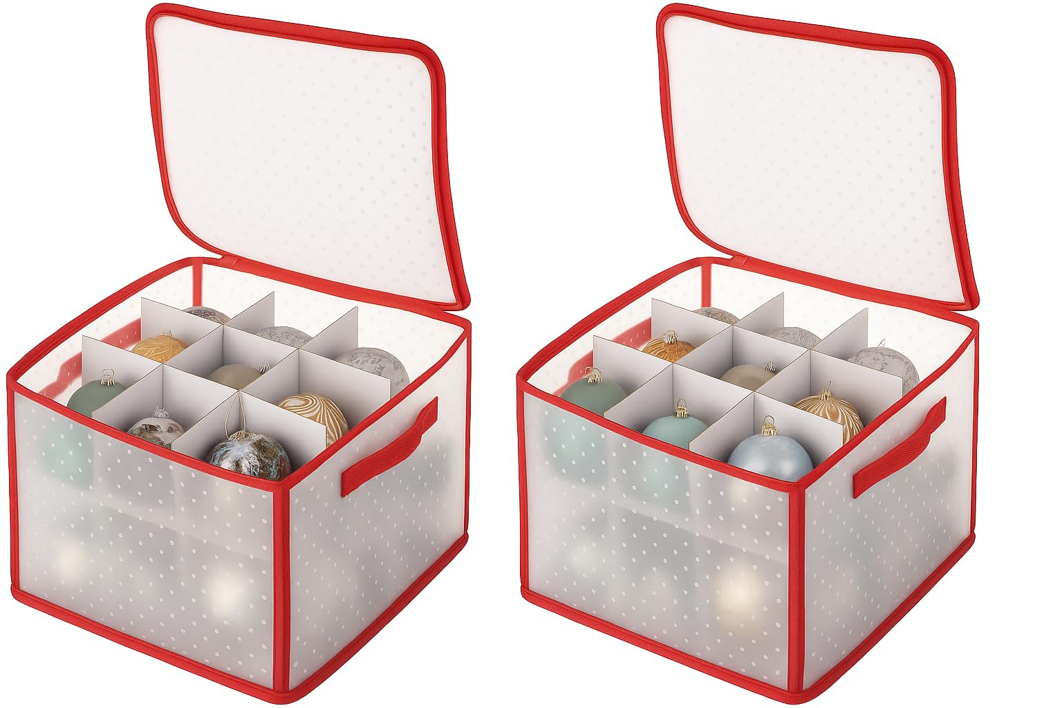 Muddy Hands Set of 2 Christmas Bauble Storage Boxes | Durable Clear Bauble Organiser with Dividers | Holds 54 Ornaments Total | Red & White Xmas Decoration Holder Container