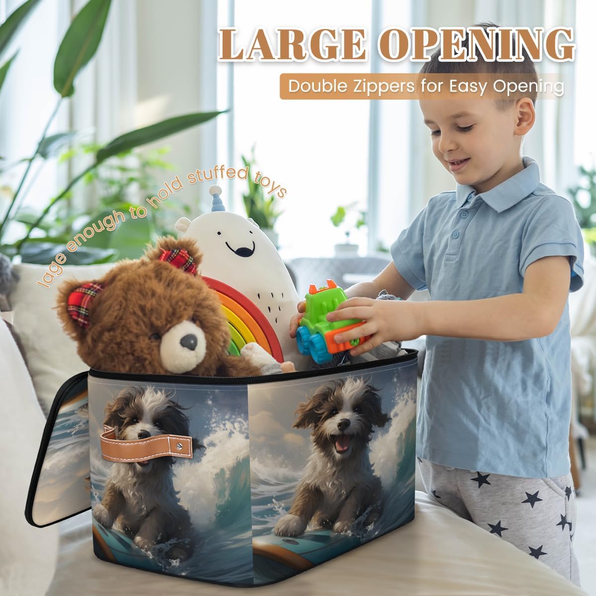 Storage Bin Set of 2 Cute Surfing Puppy Storage Basket with Zipper Lid & Handle Foldable Closet Shelf 2 Pack Cloth Organizer Basket Cube Bins Clothes Organizer for Bedroom, Nursery