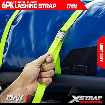 XSTRAP STANDARD Cam Buckle Straps 6PK 8FT Powersports Tie-Downs 1-Inch Green Lashing Straps with Carry Bag, Best for Securing Cargo, Luggage, Kayak