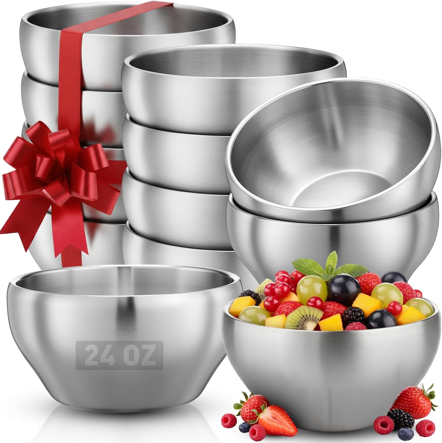 12 Pack Stainless Steel Bowls Bulk SUS304 Double Wall Insulated Bowls Matte Brushed Metal Soup Bowl for Rice Salad Noodle Snack Cereal Ice Cream Serving Mixing Prep(24 oz)