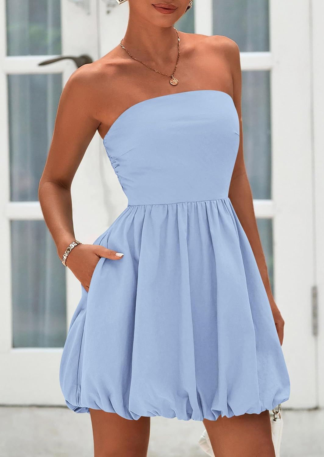 PRETTYGARDEN Women's Bubble Mini Dress Summer 2026 Strapless Tube Top Short A Line Trendy Casual Spring Smocked Sundresses - Image 3