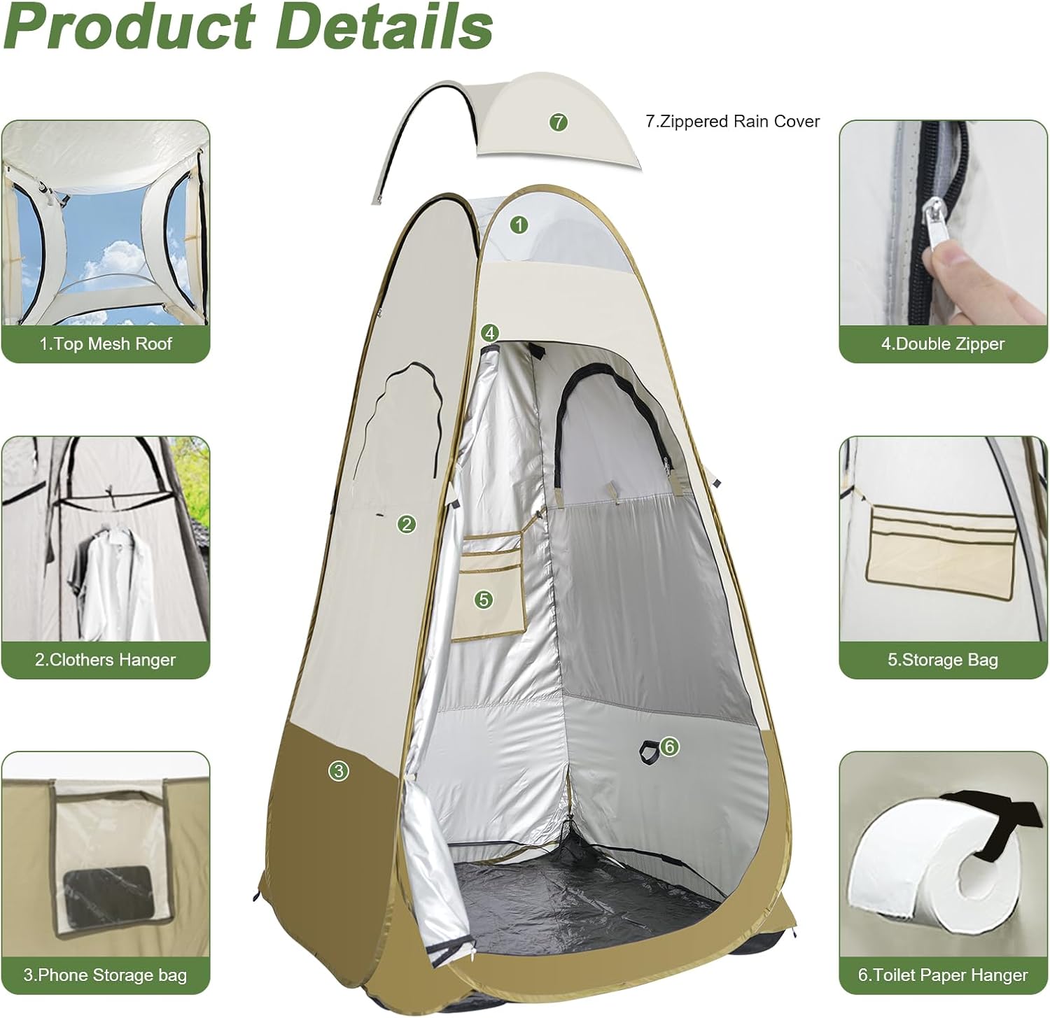 Portable Shower Tent with Shower Bag, Outdoor Privacy Shelter for Camping, Changing Room (Light Khaki)