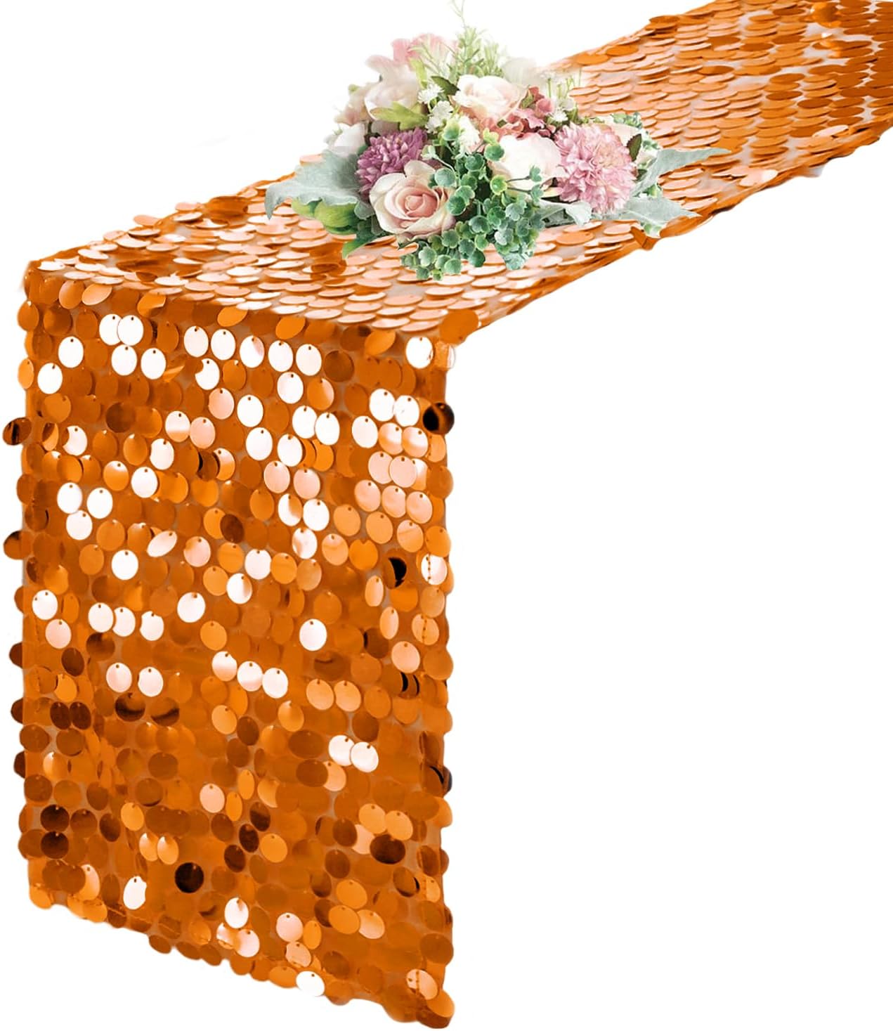 Pufogu 12 "x 108" Sequin Table Runner, Orange Glitter Premium Big Sequin Table Runner, Rectangle Table Runners for Halloween, Christmas, Wedding Party, Birthday Party, Banquet Decor (1 Pack).