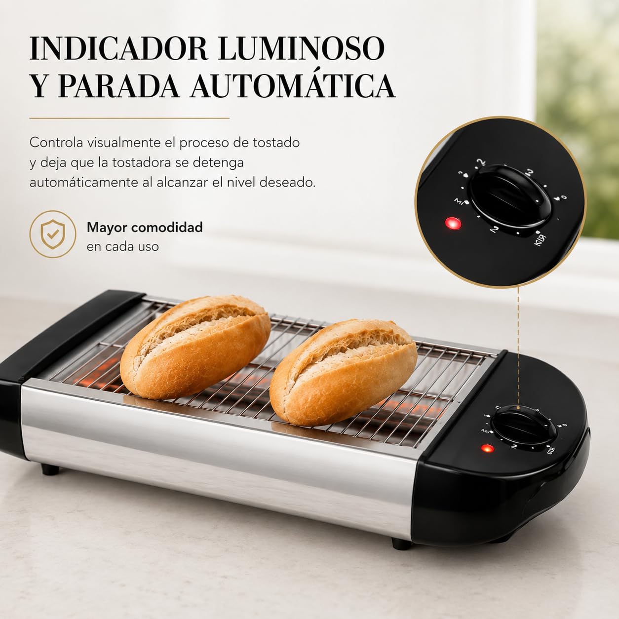 Tostadora de Pan Horizontal 600 W, 2 Resistencias de Cuarzo y 6 Niveles