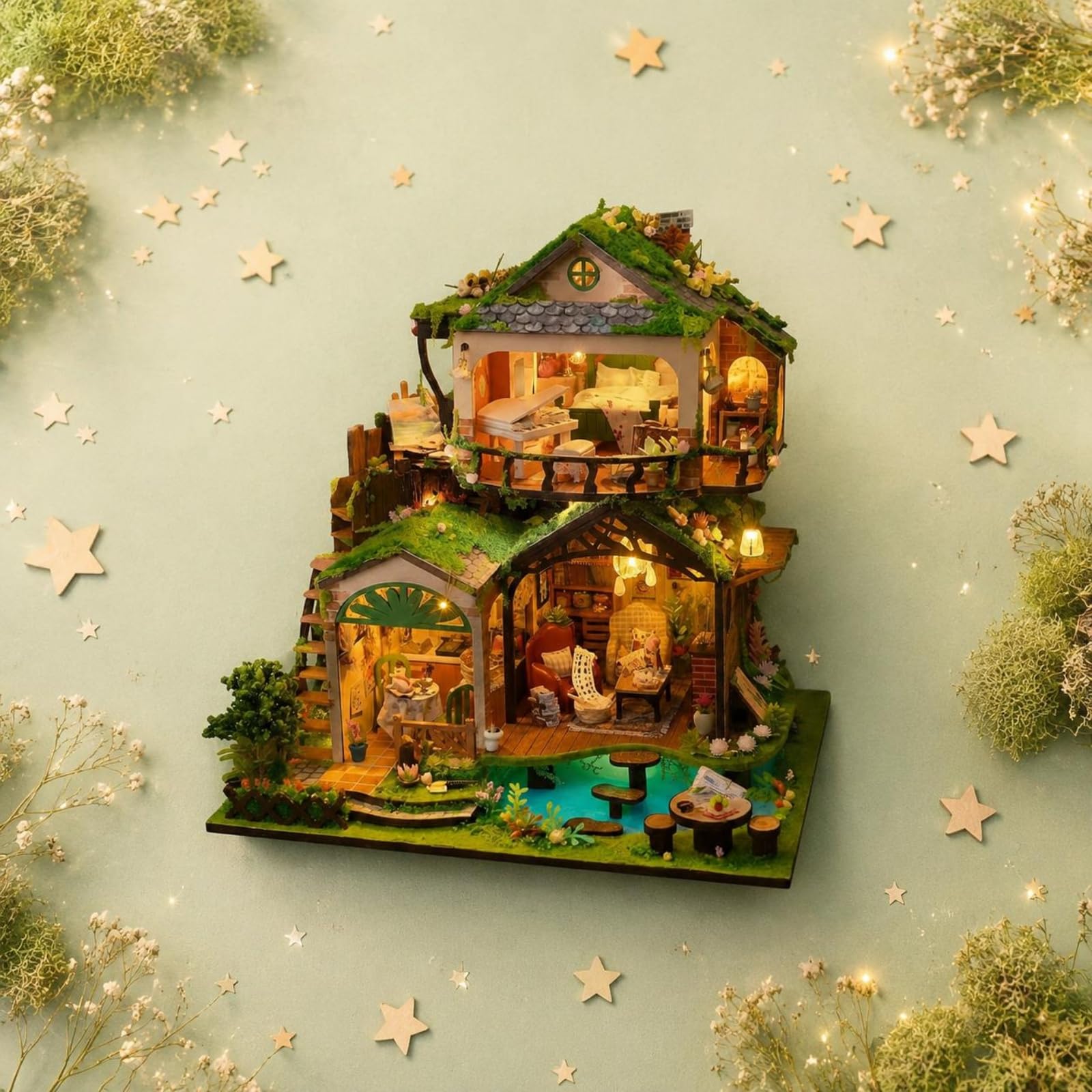 Kinder Lernpuzzle Miniaturhaus Bausatz Modellhaus Bastelset Holzpuzzle Spielzeug mit Beleuchtung Und Szenerie für Kinderzimmer Spielbereich Schreibtisch