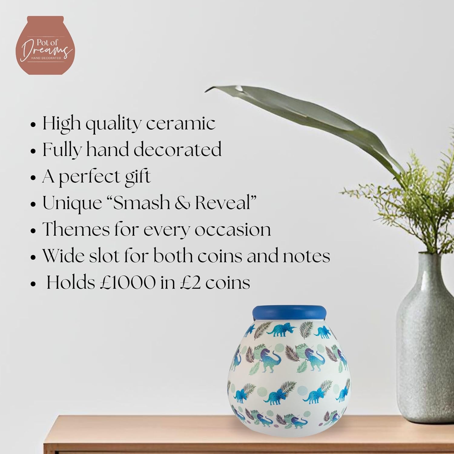 Kids Ceramic Pot Smash Money Box Savings Jar-Dinosaur, Blue, One Size