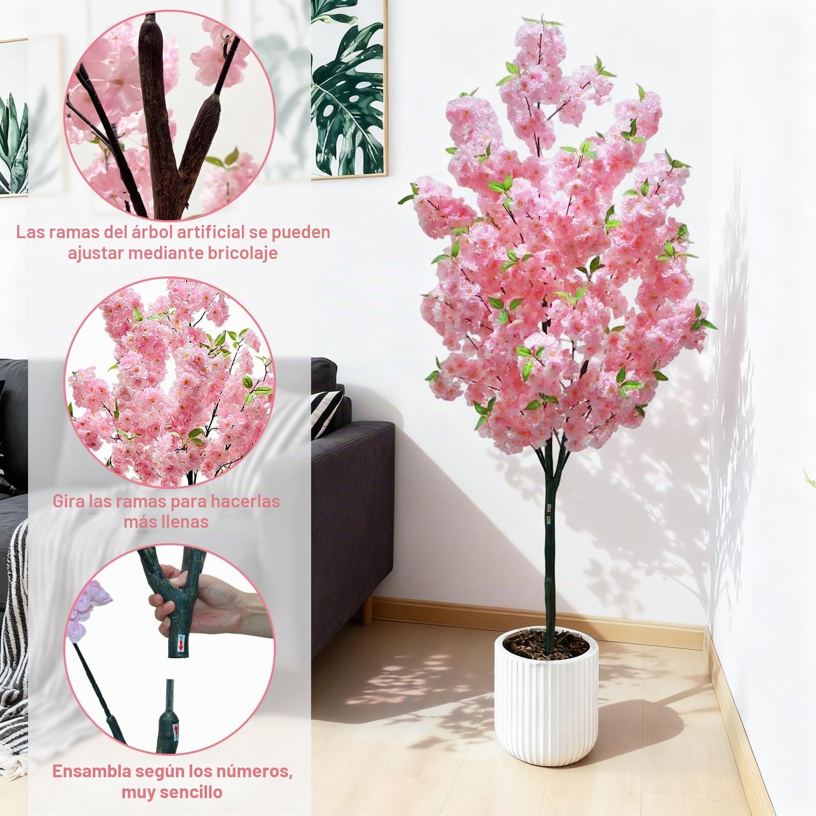 Árbol de cerezo artificial de 180 cm con flores rosa en maceta blanca, árbol de PVC y fibra textil para interior y exterior - Decoración para el hogar, oficina, bodas, fiestas | Árbol Sakura sin