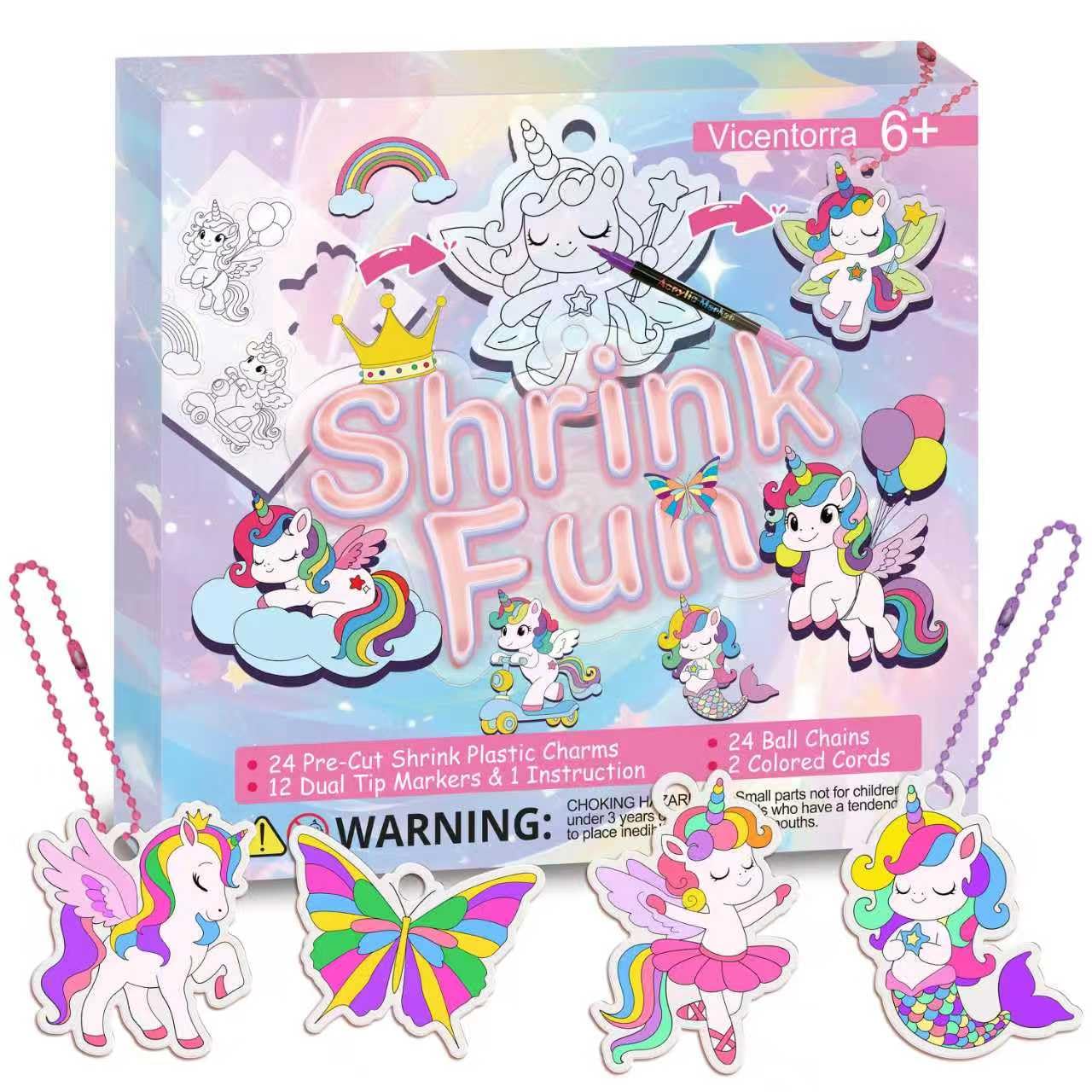 63 pièces Kit de loisirs créatifs Licorne en film rétractable pour enfants, 24 modèles enchanteurs, 12 stylos à double pointe, colliers de perles,rubans cirés et porte-clés à peindre soi-même À partir
