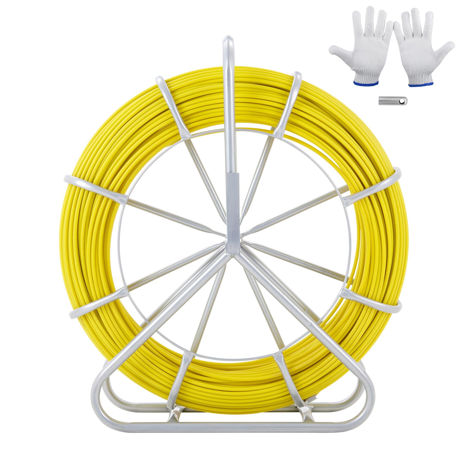 Vevor Yellow Fish Tape Fiberglass, 600 Ft, 5/16 In, Duct Rodder Fishtape Wire Puller, Cable Running Rod With Steel Reel Stand, 3 Pulling Heads, Fishing Tools For Walls And Electrical Conduit, Non-Conductive