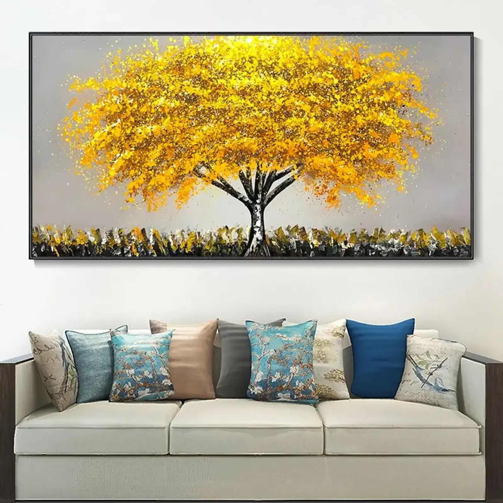 Peinture murale toile jaune avec cadre : grand tableau abstrait 60x105cm