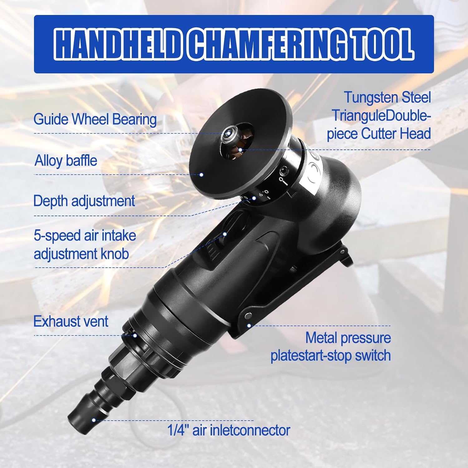 Pneumatic Chamfering Tool Handheld, Mini Air-Powered Chamfering Machine Trimming, 45° Arc Corner with 1/4 Inch Air Inlet for Metal Wood Beveling Deburring (C&R Angle Blades)