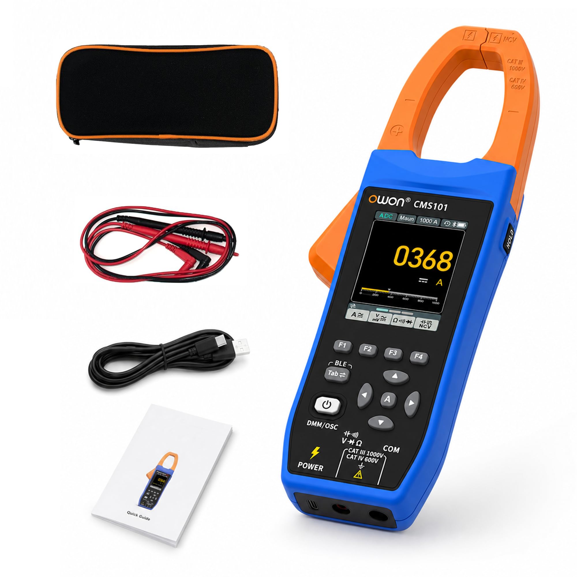 CMS101 3-in-1 AC/DC Stromzange mit Oszilloskop, True RMS, 1000A/1000V, 5MSa/s Wellenformanzeige, Bluetooth-Logging, Einschaltstrom, 20.000 Zählwerte, wiederaufladbar für Elektro-, HLK- und Kfz-Diagnos