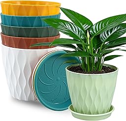 10cm/4-in Plant Pots Indoor 6 Pack Plastic Flower Pots with Drainage Holes and Saucers Modern Decorative Planters Succulent Indoor Outdoor Plants(6 Colours)