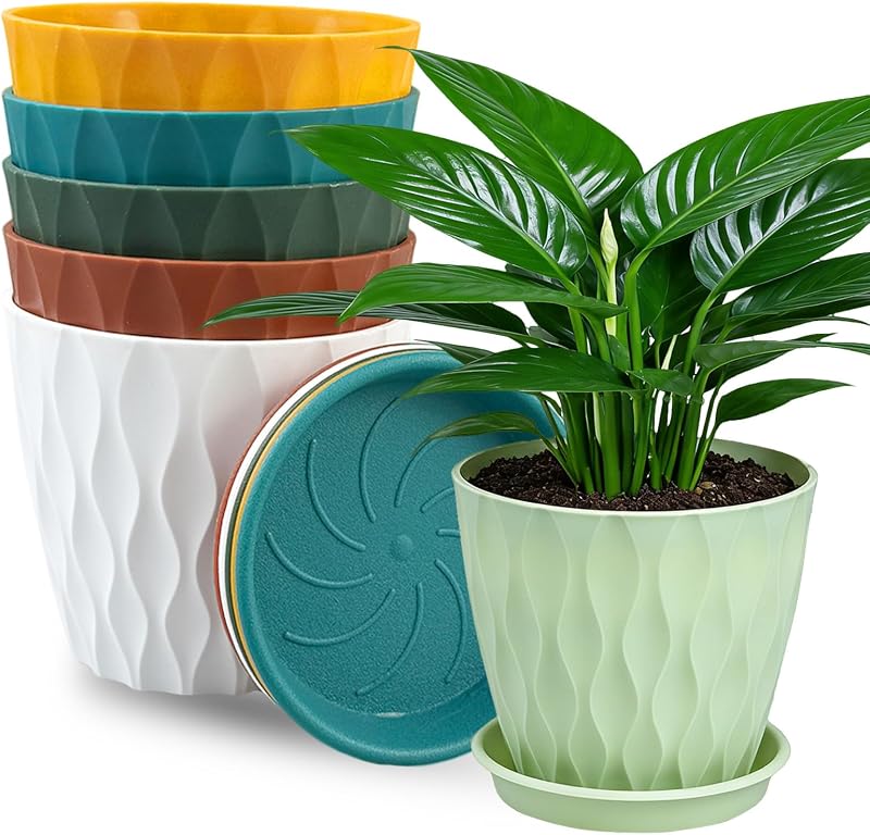 10cm/4-in Plant Pots Indoor 6 Pack Plastic Flower Pots with Drainage Holes and Saucers Modern Decorative Planters Succulent Indoor Outdoor Plants(6 Colours)
