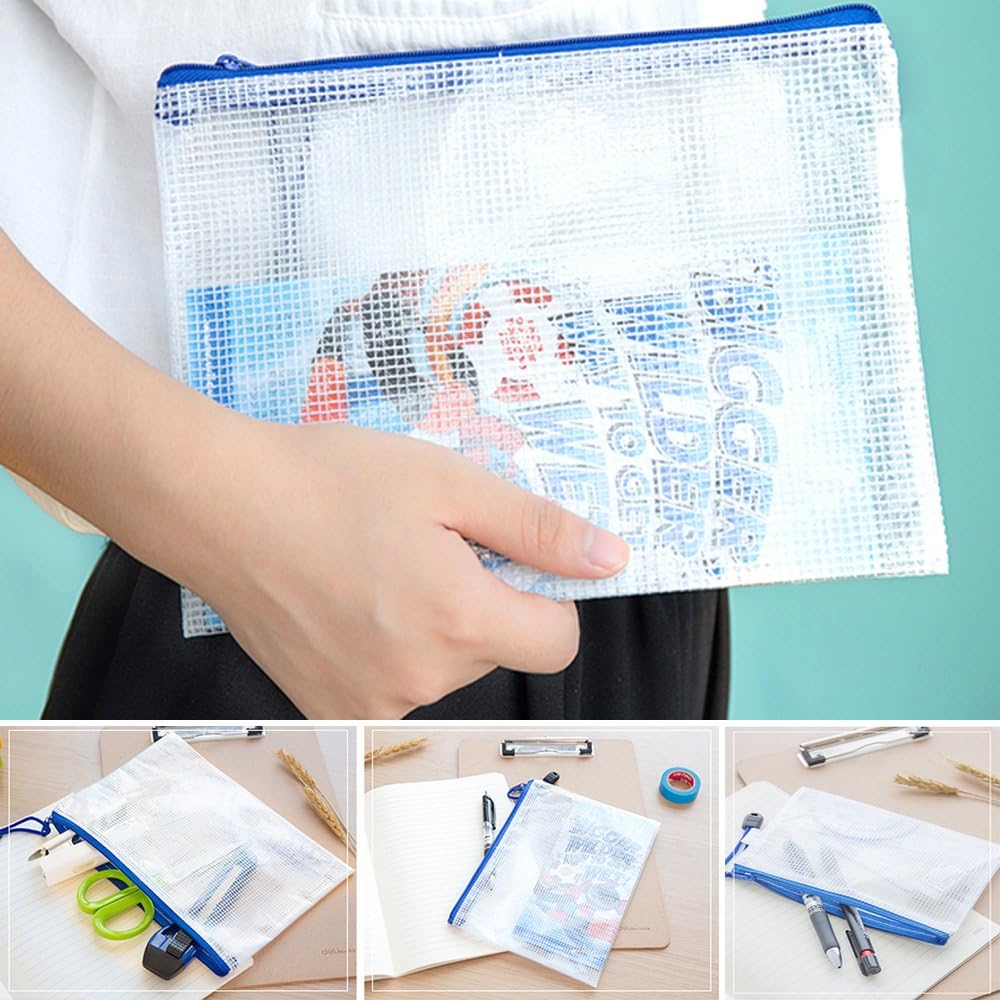 14 pcs Plastic Zip File Folders, AFUNTA 7 Sizes Waterproof Paper Document Zipper Mesh Bags PVC Storage Pouches - Yellow, White, Green, Blue