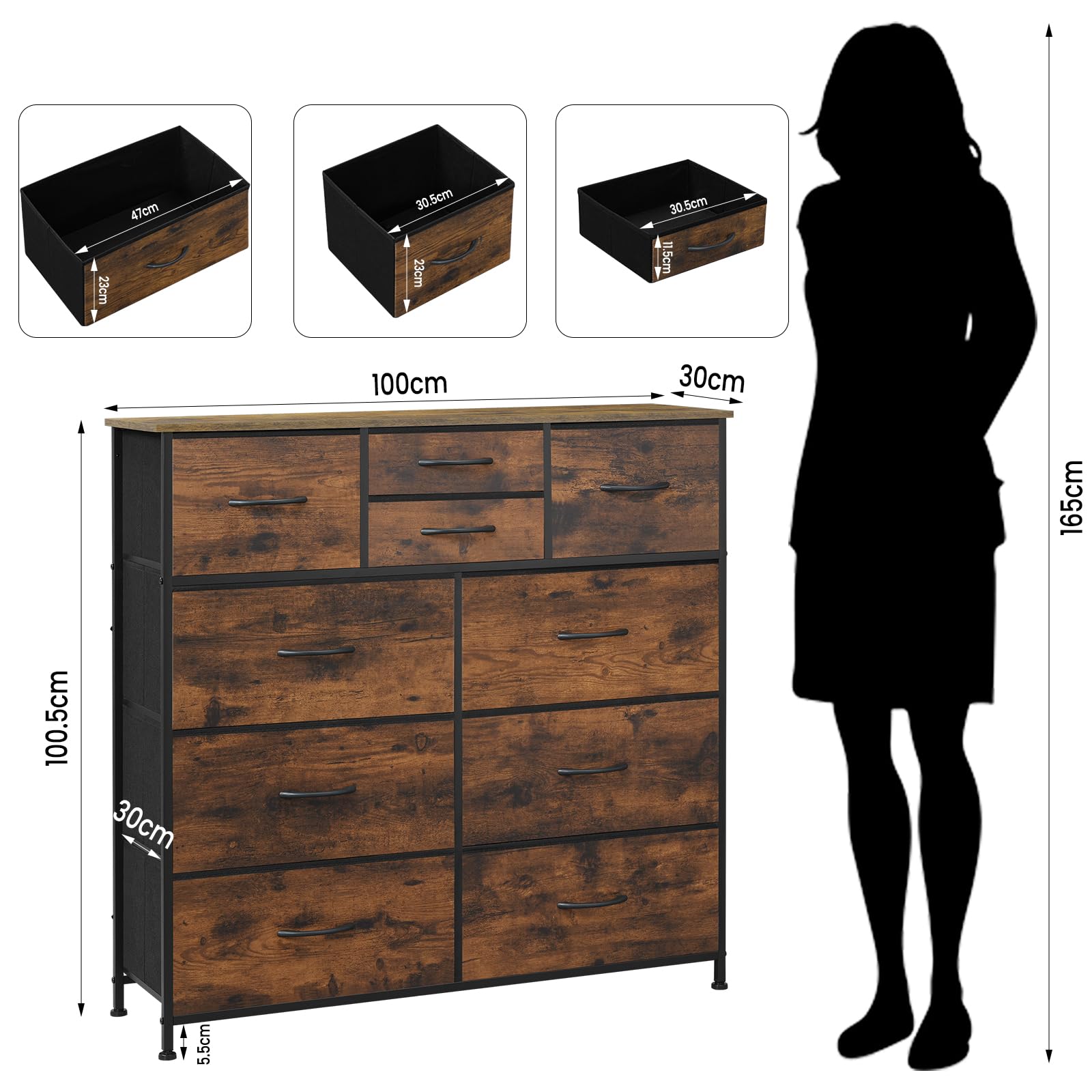 WOLTU Commode, Meuble de Rangement, avec 10 Tiroirs en Tissu, Commode Rangement pour Chambre, Salon, Entrée, Cadre en Métal, Marron Rustique et Noir, SSK009shm
