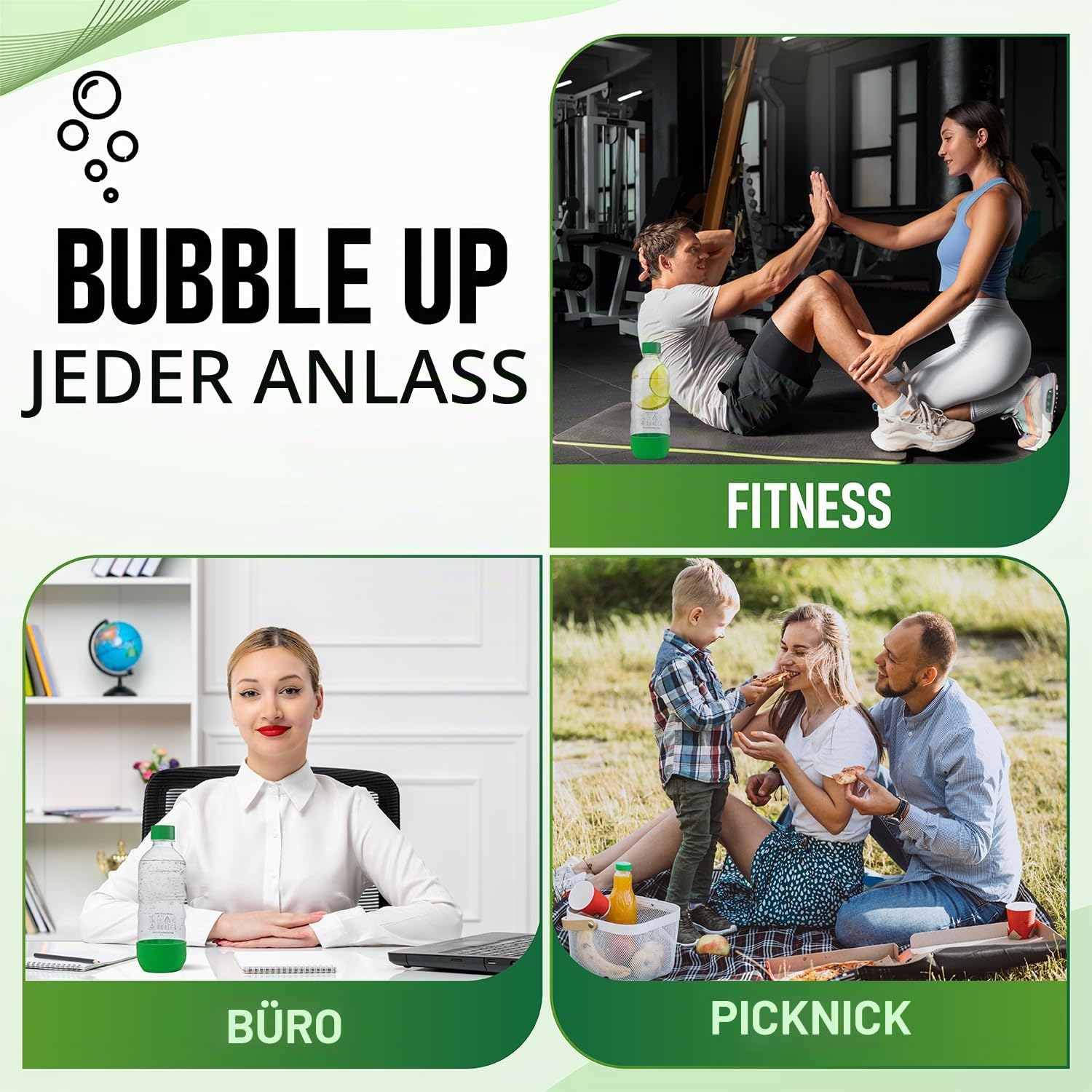 Ersatz-Sprudelwasserflaschen für SodaStream, 1 Liter, BPA-frei und auslaufsicher (kompatibel mit Fizzi, One Touch, Jet, Source, Play, Genesis, Power-Modellen), 3 Stück (grün)