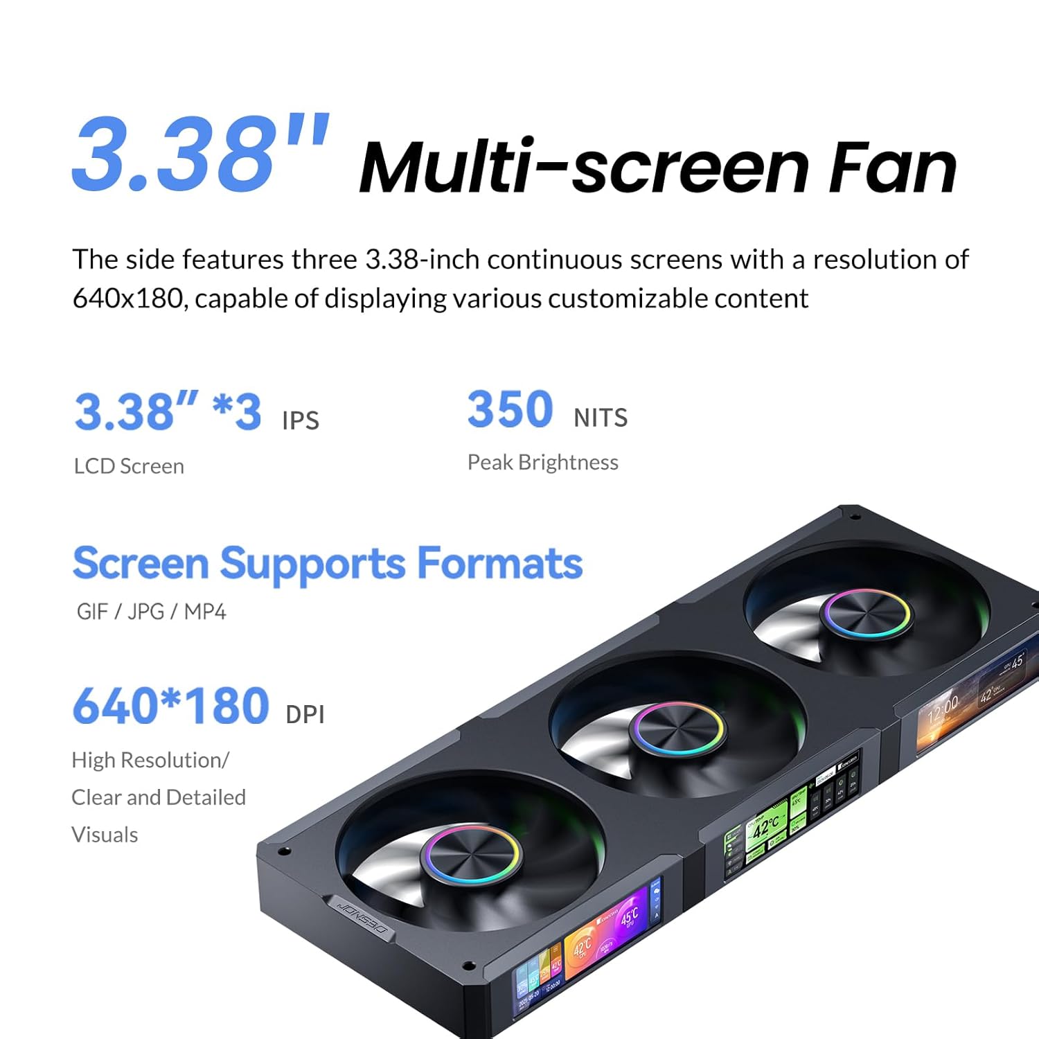 JONSBO ZC-360B 3.38"x3 Screen PC Fan,3 Magnetic 3.38 LCD Screen Control Software,Integrated Link Fan,Customize Display Patterns,Data,Video Upload and Playback,Screen Set Freely,Dual Ball Bearing,Black