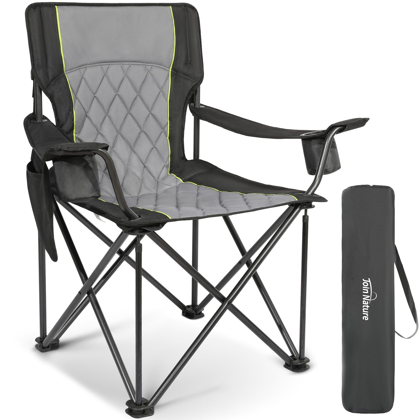 Join Nature Folding Camping Chairs for Adults, Padded Folding Chairs for Outside Heavy Duty with Cup Holders & Side Pocket, Support up to 500 lbs,