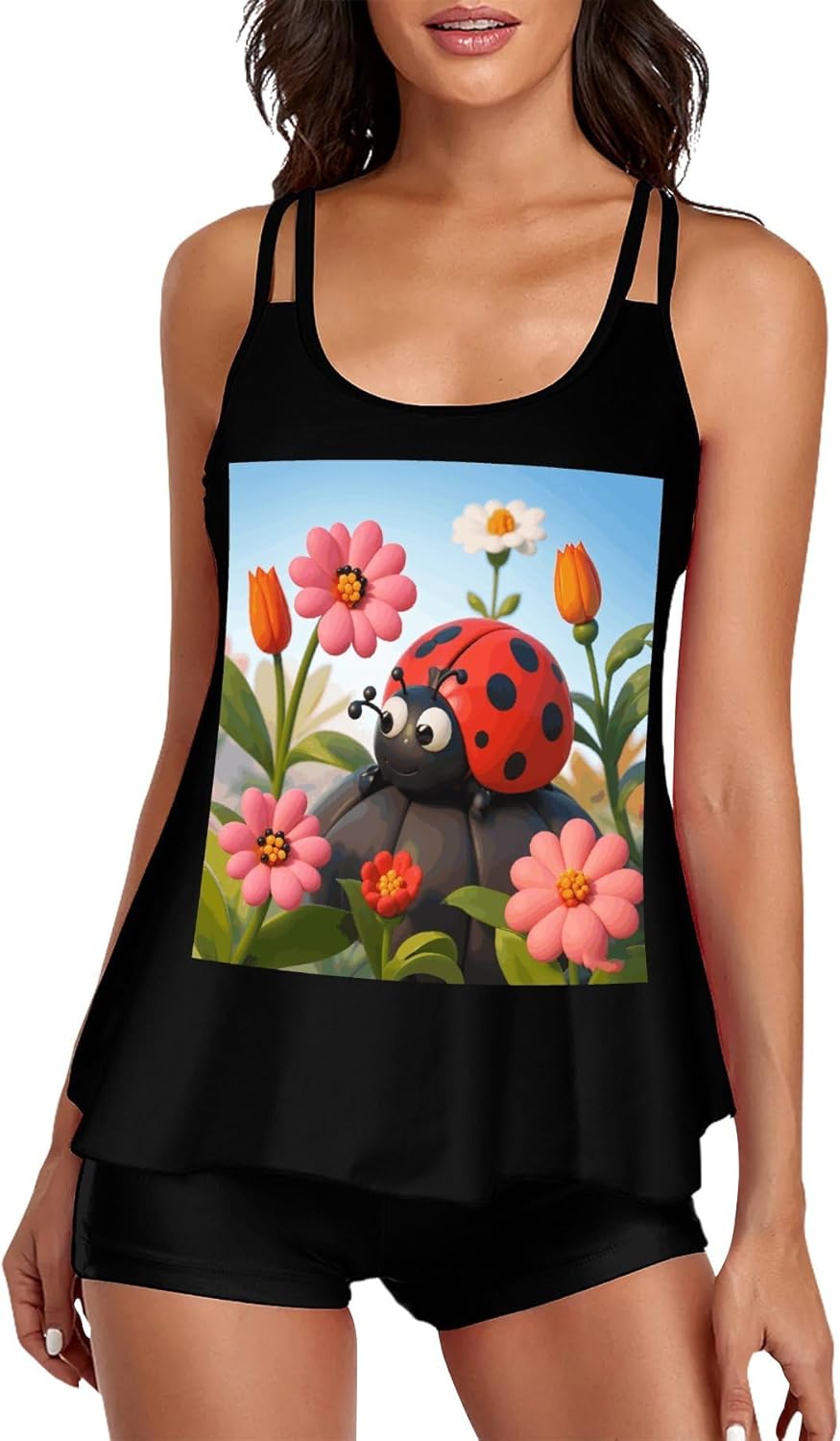 Cartoon Ladybug Flower Tankini Swimsuits for Women Tummy Control Two Piece Bathing Suits Swim Tops with Boy Shorts