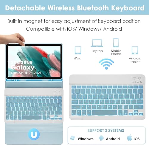 Miniatura 10 de LAMA Funda con teclado retroiluminado para Samsung Galaxy Tab A8 de 10.5 pulgadas con teclado, funda de teclado inalámbrico desmontable con soporte