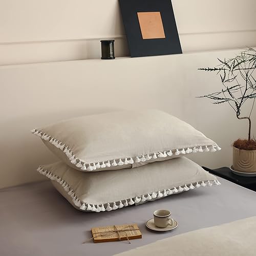 Miniatura 8 de Simple&Opulence Juego de funda de edredón de lino bohemio con flecos de borlas, juego de edredón de mezcla de algodón de lino de 3 piezas, 1 funda