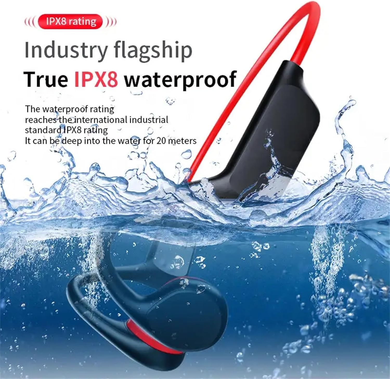 Bone Conduction Headphones IPX8 Waterproof 32GB Bluetooth 5.3 Wireless Headset with Microphone for Swim (Red)