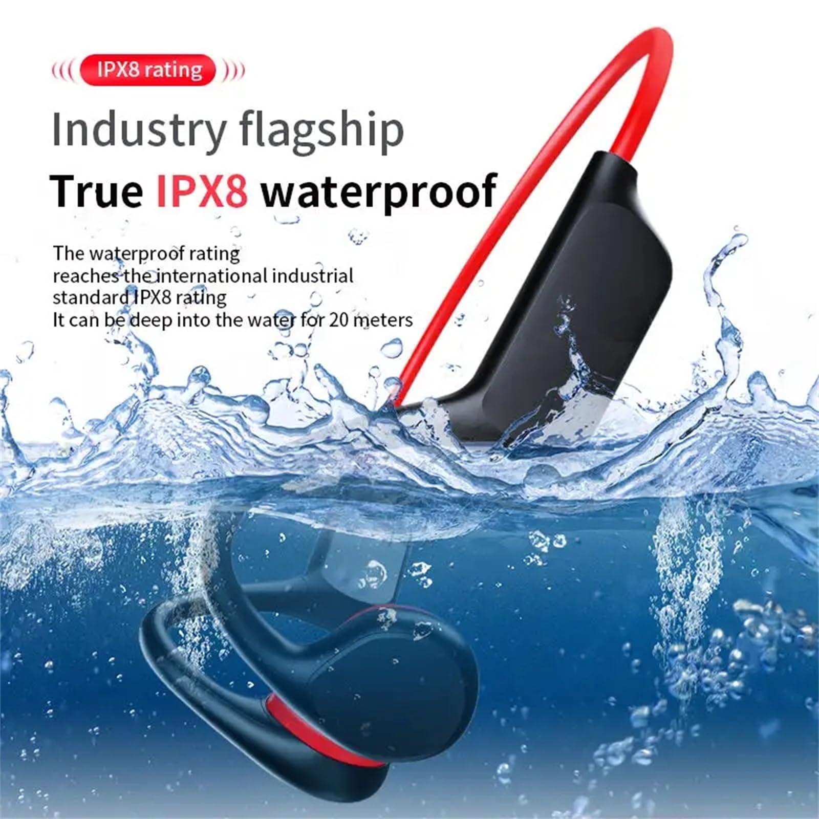 Cuffie a conduzione ossea IPX8, impermeabili, 32 GB, Bluetooth 5.3, cuffie wireless con microfono per nuoto (rosso)