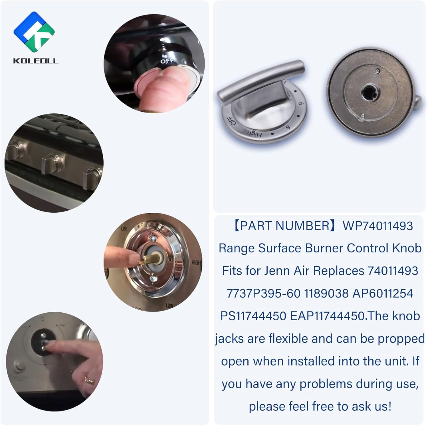 2pc WP74011493 Range Surface Burner Control Knob Compatible with Jenn Air Electric Slide-in Range Replaces 1189038 AP6011254 PS11744450 EAP11744450