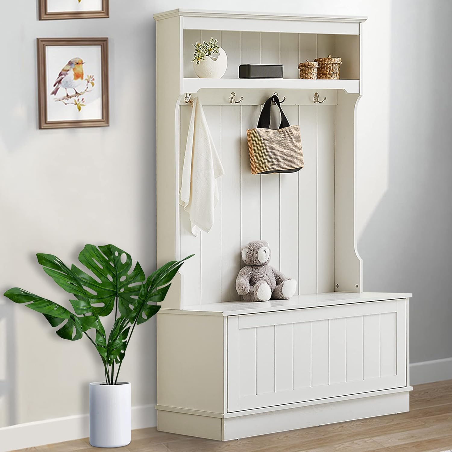 GOOD & GRACIOUS Entryway Hall Tree Coat Rack with Coat Hooks and Shoe Storage Bench, Industrial, White : Home & Kitchen