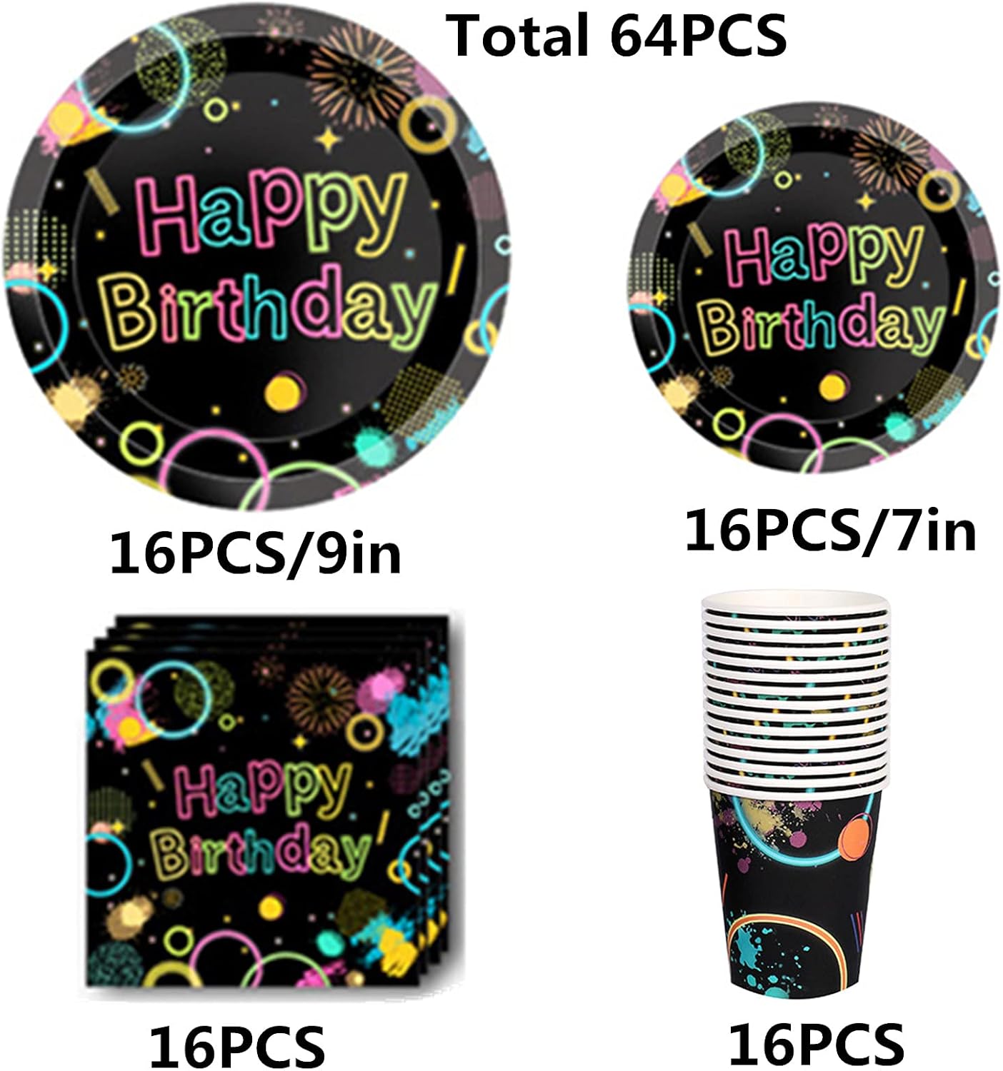 Glow Party Supplies-Complete Pack Glow Party Tableware Including Plates, Cups, Napkins for Glow Birthday, Roller Skating, Ice Skating,Dance Party Serves 16 : Home & Kitchen