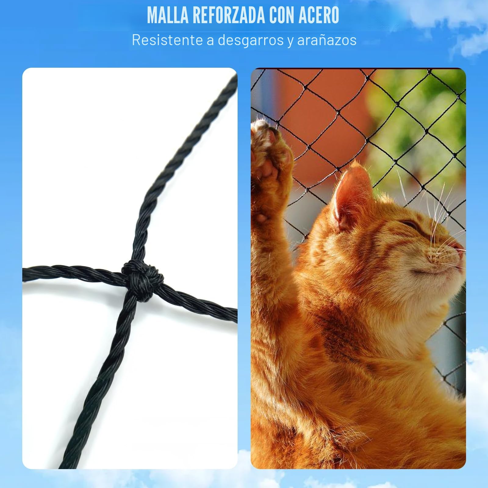 Red para Gatos de Balcón 3x2 m, Red de Seguridad para Gatos Reforzada con Alambre sin Taladrar, Red Protectora Negra para Balcón y Ventana, Resistente a Mordidas y Desgarros